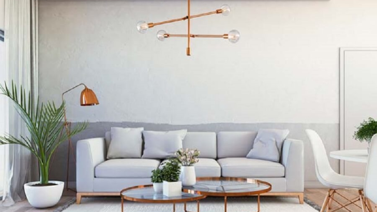 decoração-sala-de-estar-com-mesa-de-centro-redonda-e-luminária-de-teto-rose-gold-Foto-The-Holk